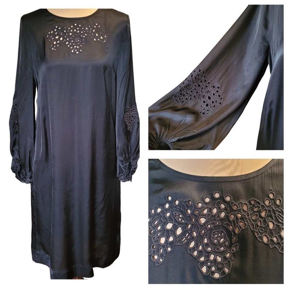 White‎ Company Black Satin Midi Dress 8 Romantic Goth Old Money Eyelet Pockets